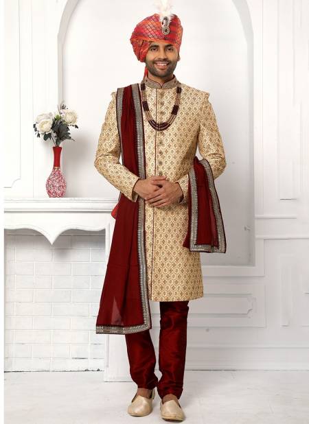 Beige Designer Wedding Wear Art Silk Sherwani Collection 1757